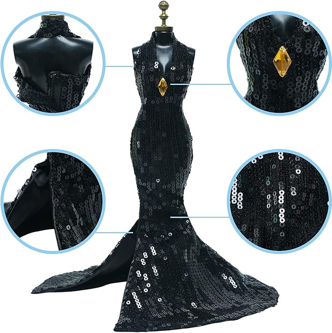 Gorgeous Handmade Doll Dress, Doll Clothes Evening Gown with Sequin Fashion Show, Wedding Party Outfits for 11.5 inch Dolls Accessories (Black)
