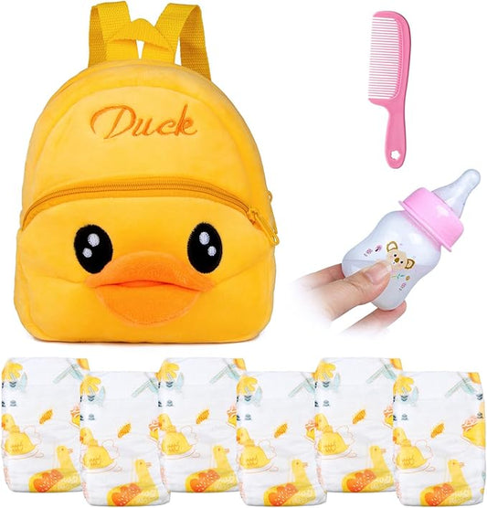 Pedolltree Reborn Baby Doll Diaper Bag Care and Feeding 9 Pcs Set for 17-24 inches Reborn Dolls Accessories Newborn Baby with Yellow Duck Backpack