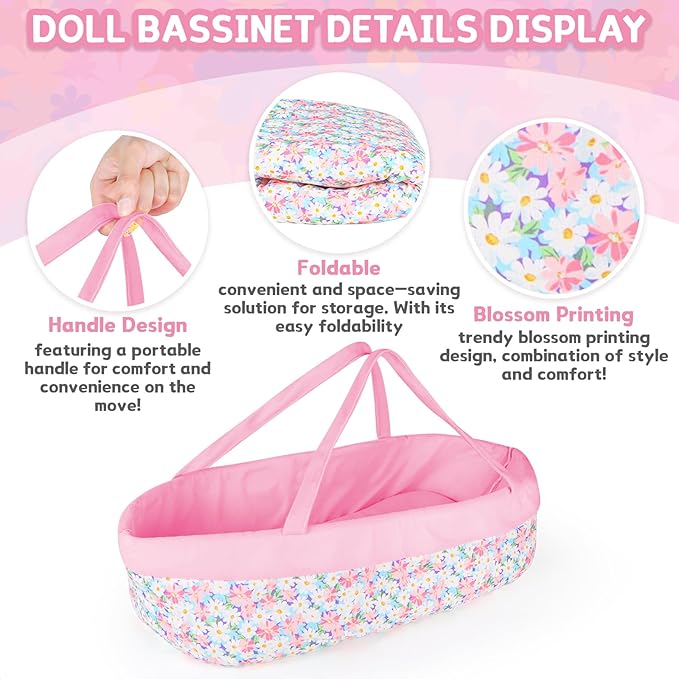 deAO Baby Doll Accessories Set Baby Doll Bassinet for 12-18 Inch Baby Dolls Includes Clothes Carrier Bed Blanket Diapers Pretend Play Set Toys for Kids