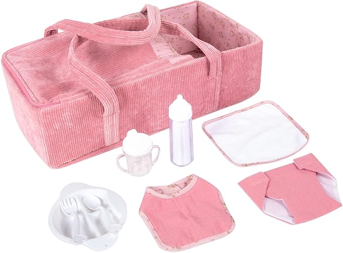 Rakki Dolli Doll Carrier Doll Carry Cot Doll Carry Crib Set with Feeding Utensils Feeding & Changing Accessaries 7 Pieces Set, Fits for 16-18 Inch American Girl Dolls