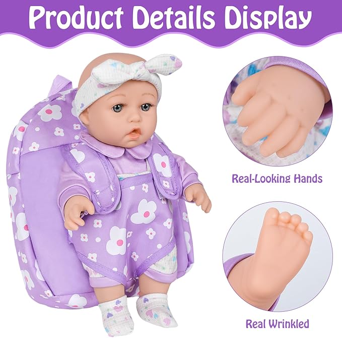 UZIDBTO 12" Baby Doll with Flower Pattern Backpack Carrier,12 Inch Realistic Baby Dolls with Clothes and Accessories Hanky Pacifier Bottle Diaper Toy Pretend Play Collection for 3+ Child Girls Gifts