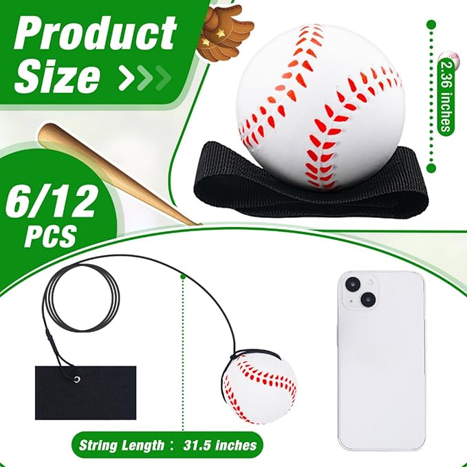 Deekin 2.36 Inch Wrist Return Ball Sports Wristband Rebound Ball on a String Rebound Bouncy for Wrist Exercise Fun Outdoor Activity for Team(12 Pcs,Baseball)