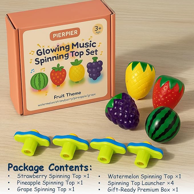 Fruit Spinning Tops for Kids, Stocking Stuffers & White Elephant Exchange Toys – 4 Pack Fruit-Themed Light-Up Toys with Music for Boys & Girls Toddlers