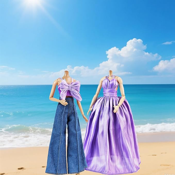 E-TING 2 Sets Doll's Dream Outfits: Shiny Glitzy Gala Purple Dress and Bell-Bottom Jeans Set for 11.5 Inch Girl Doll