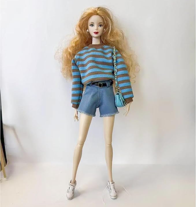 Fashion Doll Outfit Set with Blue and Brown Striped Sweatshirt, Shorts, Belt and Sneakers for 11.5-12 Inch Dolls, 1/6 Scale Figure or BJD