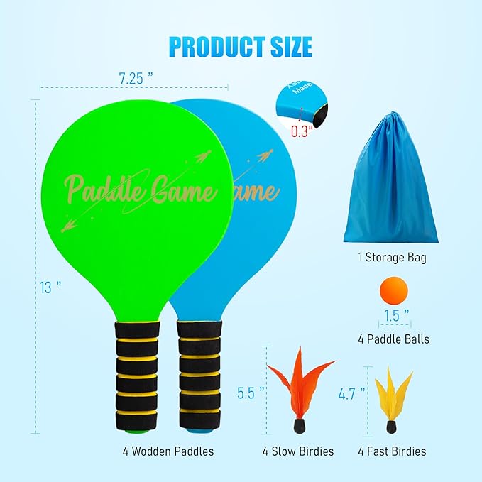 Paddle Ball Set, Outdoor Games for Adults and Family, Badminton Sets for Backyards Yard Game with 4 Rackets 4 Balls 8 Birdies, Beach Toys Pool Lawn Outside Park Camping Family Games Gifts