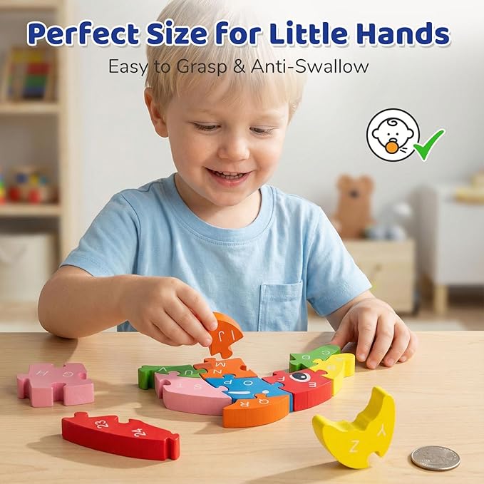LovesTown Wooden Puzzles for Kids, Double Sided Dolphin Jigsaw with Alphabet & Numbers, Montessori Educational Toy for Toddlers, Chunky Animal Gift