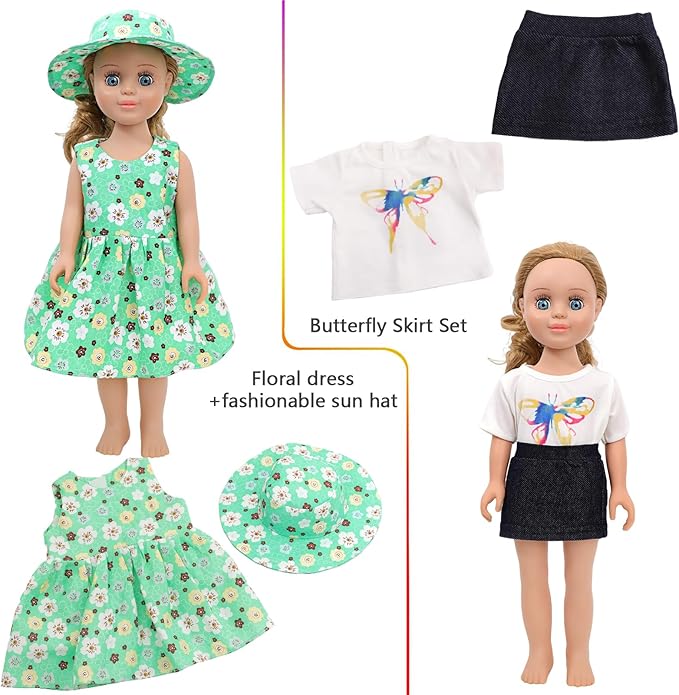 MSYO 10 Sets (16 Pcs) Doll Clothes for 17-18 Inch Dolls, Frog Print/Angel Tee/Floral Dress Variety, Cute Outfits for Play & Gifting