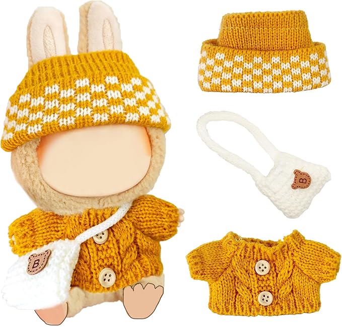 17cm Doll Clothes Set for Lububu, Designer Hand-Crocheted Yellow Sweater Outfit with Hat & Crossbody Bag Accessories,Cute Clothing for 15cm Have a Seat Series Dolls Dress -Up Display