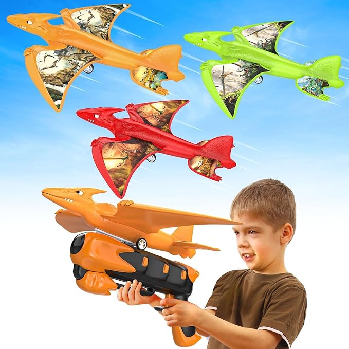 3 Pack Dinosaur Airplane Launcher Toys,Flying Toys for 3 4 5 6 7 8 9 10 Year Old Boys,Kids Toys 5 6 7 8 9 10 12 Year Old Boy Gift Ideas,Airplane B-Day Party Supplies, Green,Orange,red