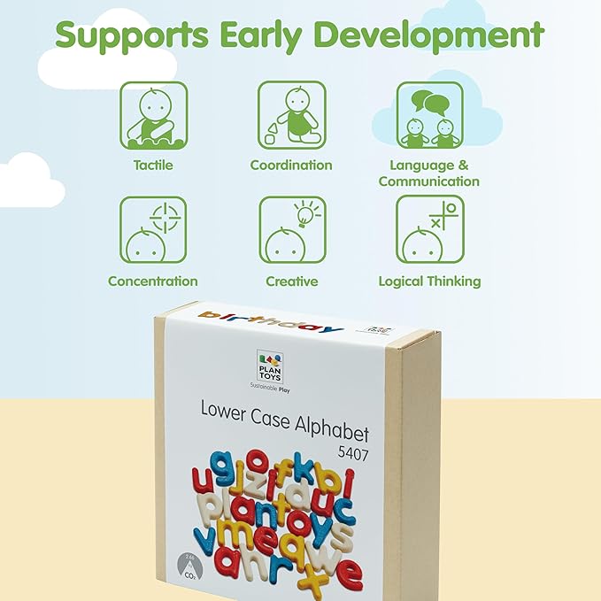 PlanToys® Lower Case Alphabet Wooden Learning Set for Kids Ages 3+ | Montessori Educational Resource for Literacy, Letter Recognition & Spelling | Eco-Friendly Early Language Development Tool