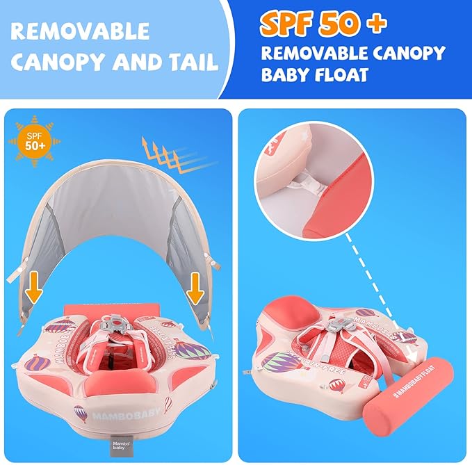 Mambobaby Baby Swim Float with Canopy Non-Inflatable Infant Pool Float with Tail 3-24 Months Avoid Flip Solid Skin-Friendly Material for Toddler Boys Girls