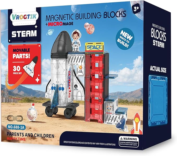 Space Magnetic Tiles for Kids, 30 Piece STEM Magnetic Building Blocks Set, Rocket Ship Space Station Educational Construction Toy with Astronaut Figure for Boys Girls Ages 3-8