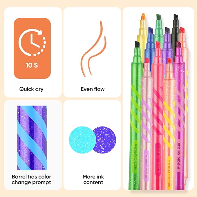 10 Pack Magic Glitter Color Changing Markers, Jumbo Dual Tip Markers with Color-Coded Barrels , Double Ended Chisel Tip Marker Set, Non-Toxic Kids Art Supplies for Drawing & Coloring, Stationery Sets