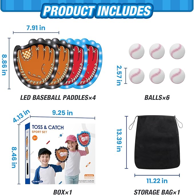 Toss and Catch Ball Game Set, Outdoor Pool Beach Yard Camping Games for Family, Toddler Baseball Birthday Gifts for Boys Girls Ages 3-12 (4 Light Up Paddles & 6 Balls)
