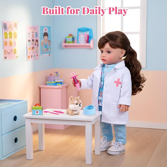 BABESIDE American Realistic Baby Doll Girl - 16-Inch Vet Play Set Dolls with Long Brown Ponytail Complete Toy Accessories for 5+ 6 7 8 9 10 11 12 Years Girl Birthday Gifts, Pretend Play, Christmas
