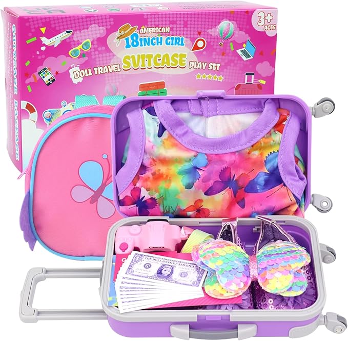American Doll Clothes and Accessories 18 Inch Playset with Suitcase, Dresses, Shoes, Backpack and Other DIY Butterfly Stuff for Girl Gift Present for Children (NOT Include Doll)