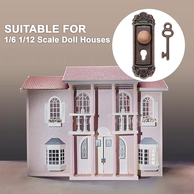 2PCS 1/12 Scale Miniature Door Knob Fittings with Handle Key Set for Dolls House