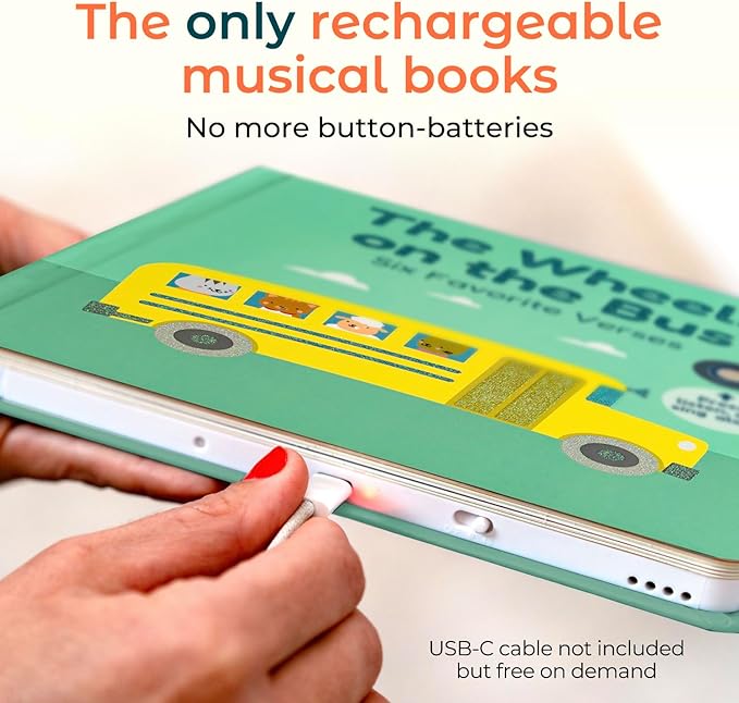 Calis Books The Wheels on the Bus Book - Rechargeable Musical Book, Headphone Jack, Books for 1 Year Old, Musical Book for Toddlers 1-3, Musical Toy Toddlers