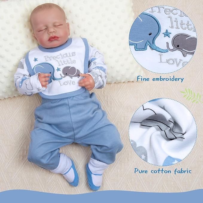 Reborn Baby Doll Clothes for 17-22 Inch Reborn Doll Boy Blue Elephant Outfit 4-Piece Newborn Baby Dolls Accessories