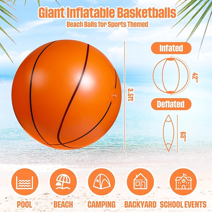 Tanlade 4 Pcs 42 Inch Giant Basketball Glitter Inflatable Beach Ball Large Jumbo Beach Pool Ball for Outdoor Activity Summer Birthday Water Game Toys Sports Themed Party Favors Decoration(Basketball)