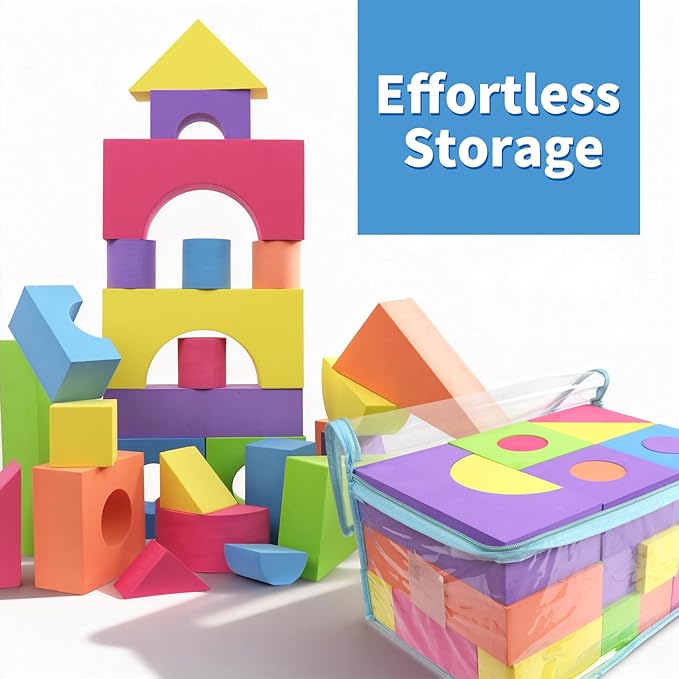 Large Building Foam Blocks for Toddlers, EVA Stacking Foam Building Blocks Toy Set, Non-Toxic, Washable, Early Learning Construction Toys & Gifts for Kids Boys & Girls (Blue, Pieces, 60)
