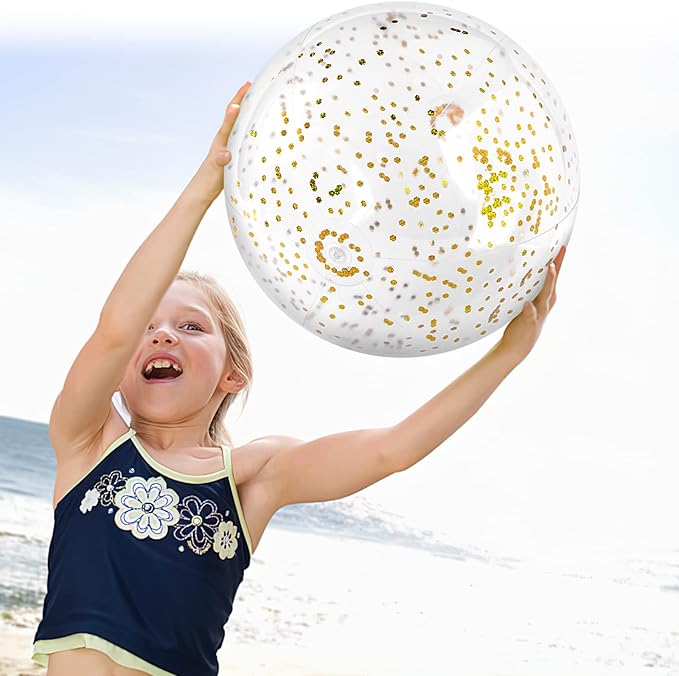 FUTUREPLUSX 16 Inch Glitter Beach Balls, 2PCS Swimming Pool Balls Inflatable Beach Ball with Gold Confetti for Kids Birthday Summer Pool Party