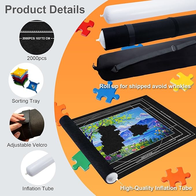 Jigsaw Puzzle Mat Roll Up with Storage Bag & 8 Sorting Trays, Air Pump System & Portable Puzzle Board & Saver for Up to 2000 Pieces, Felt Mat for Travel