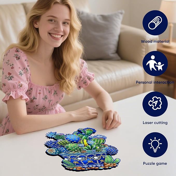 Delobil Puzzles for Adults 500 Pieces, Cactus Jigsaw Puzzles, Unique Shaped Flowers Wooden Puzzles for Adults and Kids, Family Game for Plant Lovers, 14.3 x 18.5 Inches