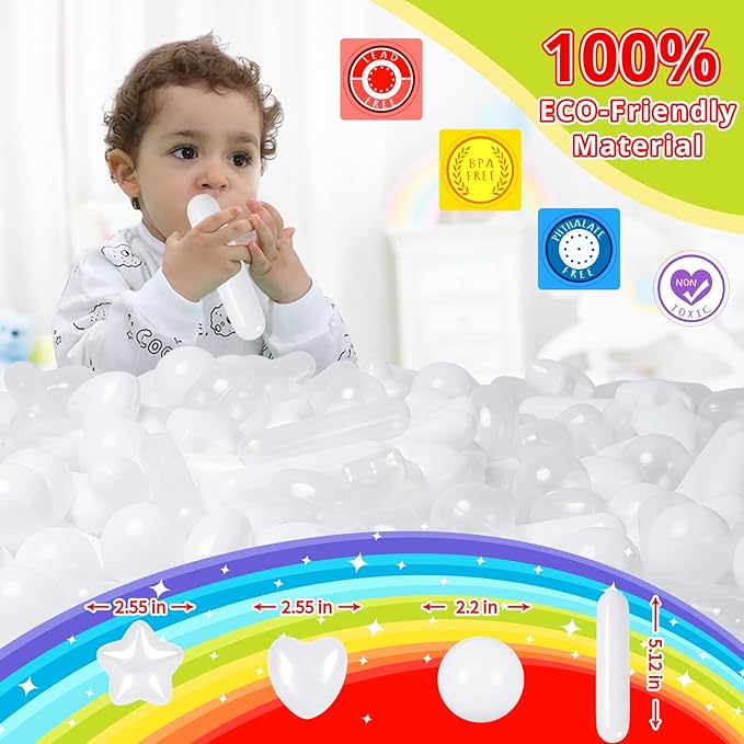 STARBOLO Ball Pit Balls for Toddlers - 500 Ball Pit Balls Crush Proof Plastic Toy Balls for Toddlers Ball Pits, Ball Pit Play Tent, Baby Pool Water Toys,500pcs(White, Clear)