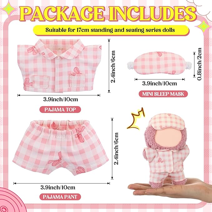 Simgoing 17cm Doll Clothes Pajamas Set with Pants Eye Mask Good Night Bedding Clothes Outfit Gifts Fits Most 17cm Dolls Accessories for DIY Dress up Lovers(Pink Bow)