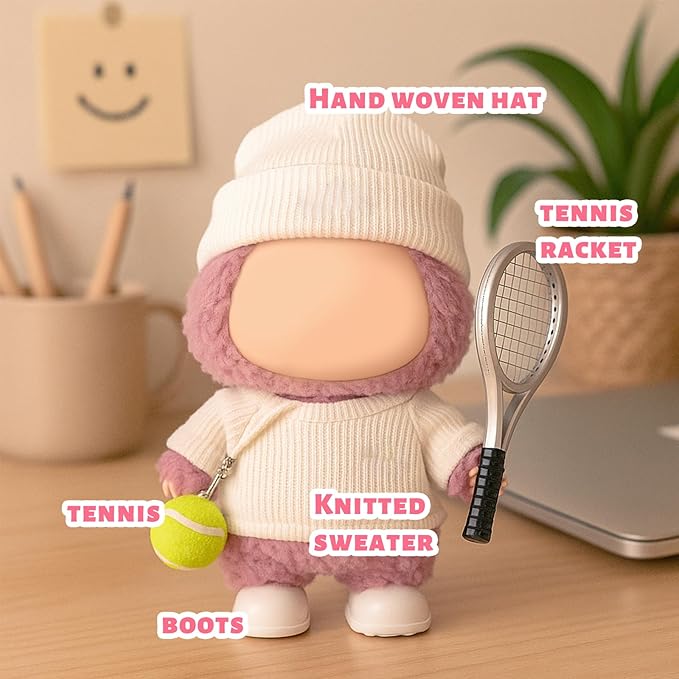 17cm Doll Clothes for Lububu Dolls，Designer Jerseys Clothes Suitable for lububu Dolls Outfits and Accessories Set， Includes top + Pants + Tennis Racket + Ball Charm + Shoes (White)