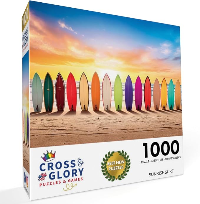 Cross & Glory - Sunrise Surf - 1000 Piece Jigsaw Puzzle for Adults | Vibrant Beach Scene Artwork | Unique Gift Idea