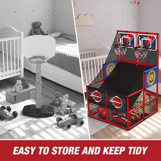 2 in 1 Dual Shot Basketball Arcade Game with 2 Dart Boards/Electronic Scoreboard/LED Light, Kids Basketball Hoop for Home Indoor Outdoor, Sport Toys for Boys Girls