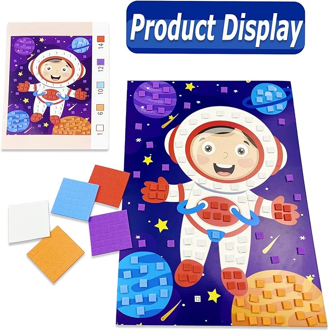 LZHZH Mosaic Sticker Art for Kids - 6 Pack Space Adventure DIY Craft Kits with Astronaut, Rocket, Space Station, Alien, Spacecraft, Robot, Easy Peel Stickers for Ages 3-8