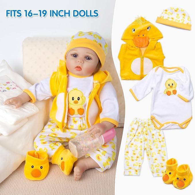 Reborn Baby Doll Clothes 17 inch Yellow Duck Outfits for 16-18 Inch Reborn Baby Doll Diaper Reusable Accessories 12 Pcs Set Backpack for Boys & Girls