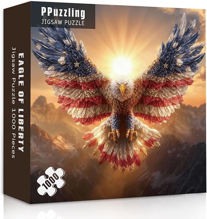 American Flag Eagle Puzzles for Adults 1000 Pieces, Nature Bird Bald Eagle Sunset Landscape Jigsaw Puzzle, Majestic Patriotic Freedom Wings Art Puzzle, Challenging United States Themed Puzzle