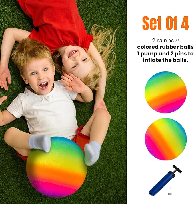 New Bounce Playground Balls for Kids - Set of 2 Rainbow Colored Rubber Bouncing Kick Balls Plus Pump - Regulation Size for Dodgeball and More - Durable, Inflatable 8.5" Game Ball