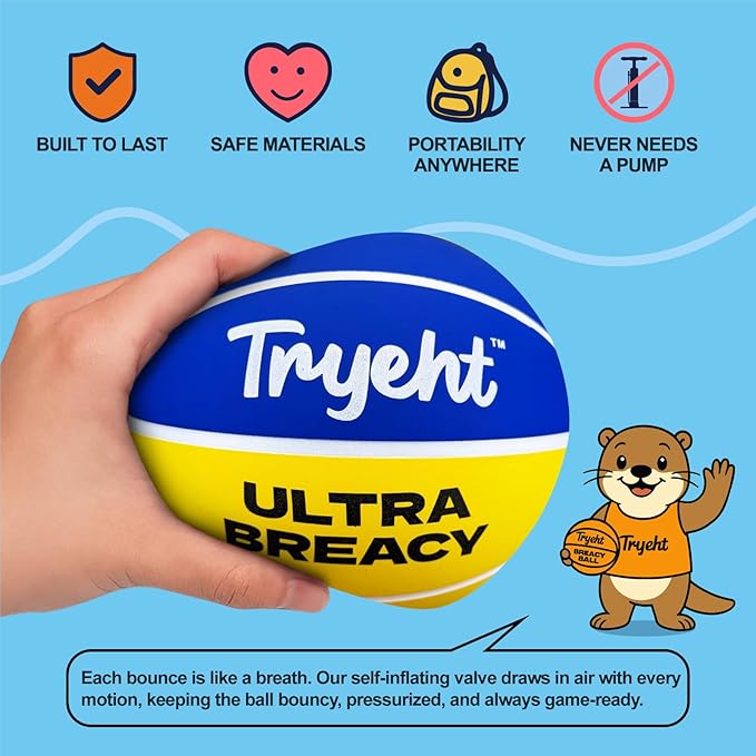 Mini Basketball, 5-Inch Self-Inflating Rubber Breacy Ball – No Pump Needed, High-Bounce for Indoor Mini Hoop & Outdoor Play, (Blue and Yellow)