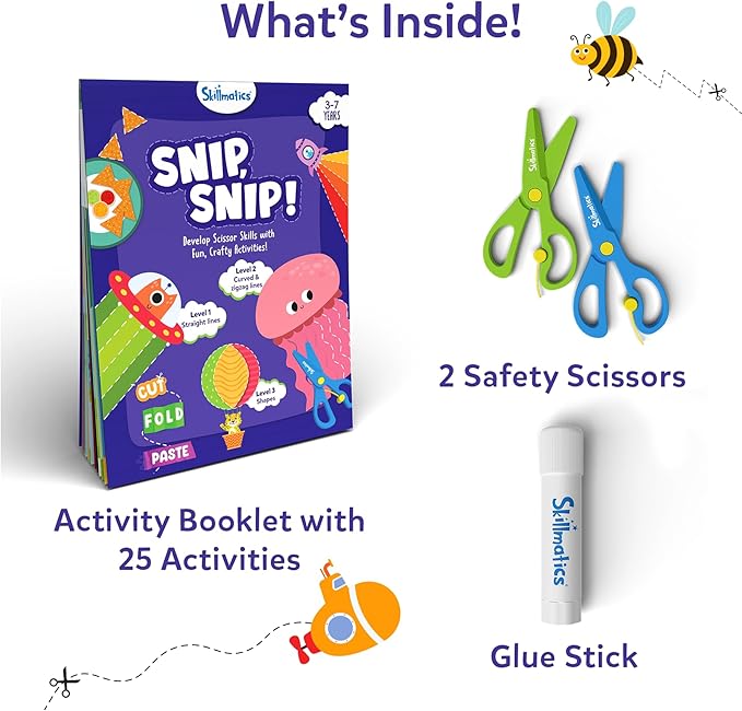 Skillmatics Scissor Skills Activity Book - Snip Snip, 25 Fun Cutting & Creative Activities for Preschoolers, 2 Child-Safe Scissors, Fine Motor Skills, Felt Craft Kit, Gifts for Kids Ages 3, 4, 5, 6, 7