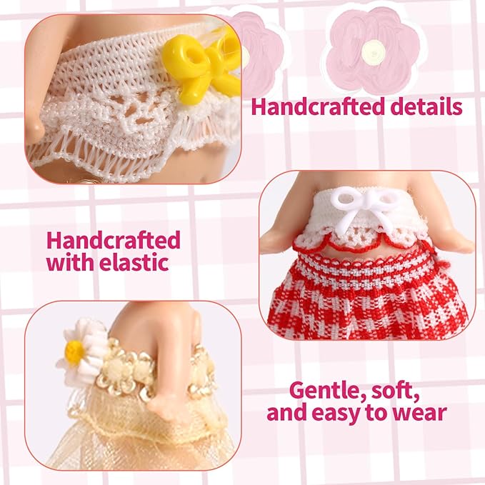 6 Sets Doll Outfits for 3 Inch Doll Pack, Mini Toys Clothes Pack with Tops & Skirts Clothing Mini Figure Costume Dress Up Accessories for Collector Display and Decoration (Pink, Red, Yellow)