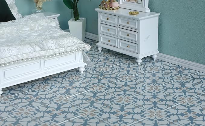 iLAND Dollhouse Flooring on 1/12 Scale 1/6 Scale, Miniature Dollhouse Accessories, 60pcs Double-Sided Dollhouse Floor Tiles (Luxury Rococo Floral & Blue Marble Tiles)