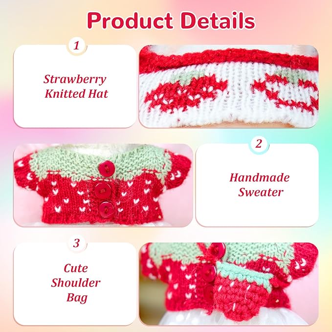 17cm Doll Clothes Set-Handcrafted Crochet Outfit Accessories for 5.91-6.7inch Dolls-Hand Crocheted Hat+Strawberry Sweater+White Dress+Bag(NO Doll)