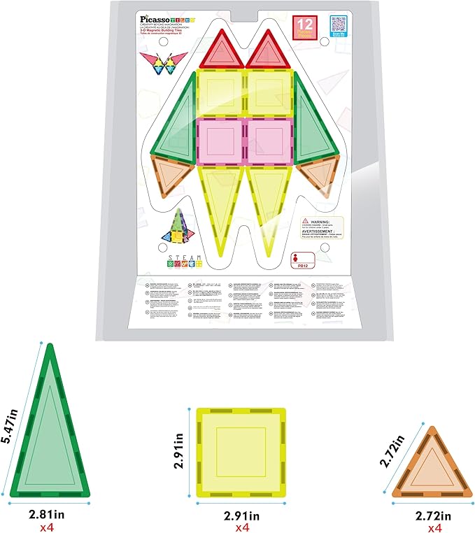PicassoTiles Magnetic Tile Building Block Set with Squares and Triangles STEM Educational Construction Geometric Magnet Shape Kit for Brain Development Creativity and Learning for Kids Age 3 Plus PB12