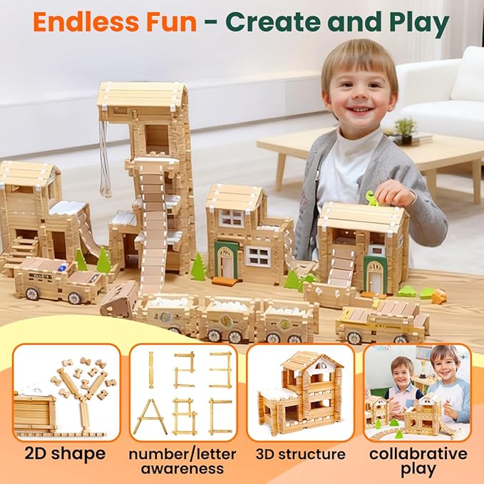 Jovi-mindly＆Notchies New 206 PCS Wooden Blocks Wooden Toys with House and Car, Preschool Learning Toys Wood Blocks Building for Kids Ages 4-8 Creative Construction Game,Easter Toys Gifts