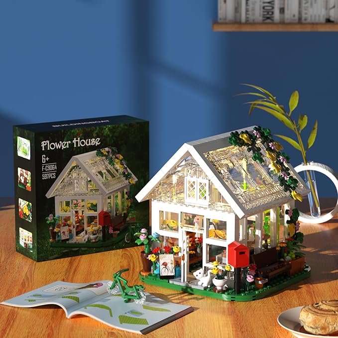 Flower House Building Set, Creative Garden Playset Toy with LED Light, Build a Greenhouse Model, Great Gift for Friends or Girls (597 Pieces)