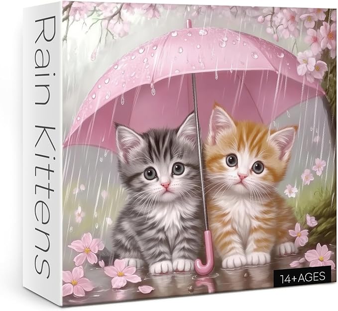 Cat Flower Puzzle for Adults 1000 Pieces, Cute Floral Jigsaw Puzzle,Cherry Blossom Kitten Rain Puzzle