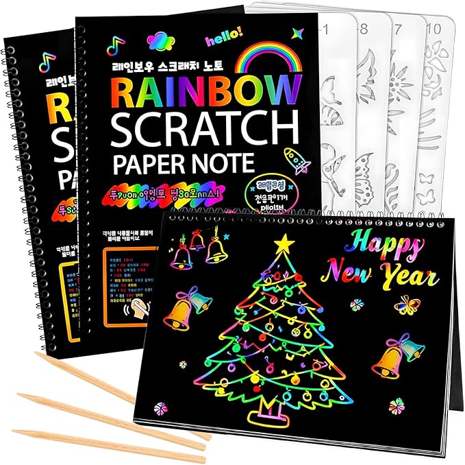 heynsgu 30Pcs Rainbow Scratch Paper Art Notebooks, Black Magic Sketch Book Pads with Stencils for Kids Crafts Artist Drawing Activity Toy Christmas Brithday Gifts Ages 3-12