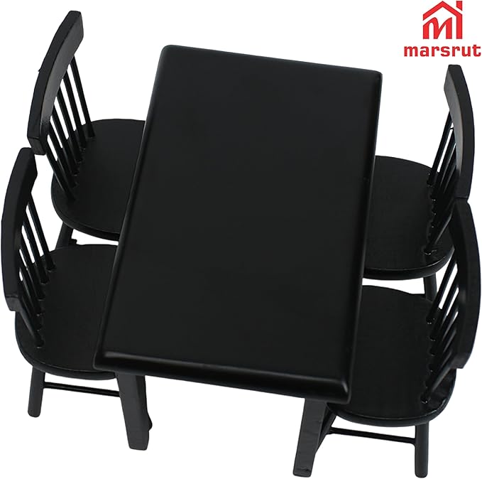 Miniature Dining Table and Chairs Set 5pcs – 1:12 Scale Dollhouse Room Furniture Kitchen Mini Wooden Chair Accessories, Model Accessory Decoration for Doll House DIY Hobby, Black