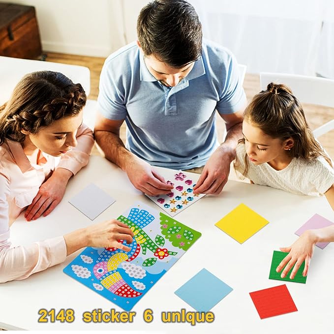 LZHZH Mosaic Sticker Art for Kids - 6 Pack DIY Craft Kits with Sunflower, Butterfly, Sailboat, Woodpecker, Hot Air Balloon, Airplane Designs, Easy Peel Stickers for Ages 3 4 5 6 7 8+